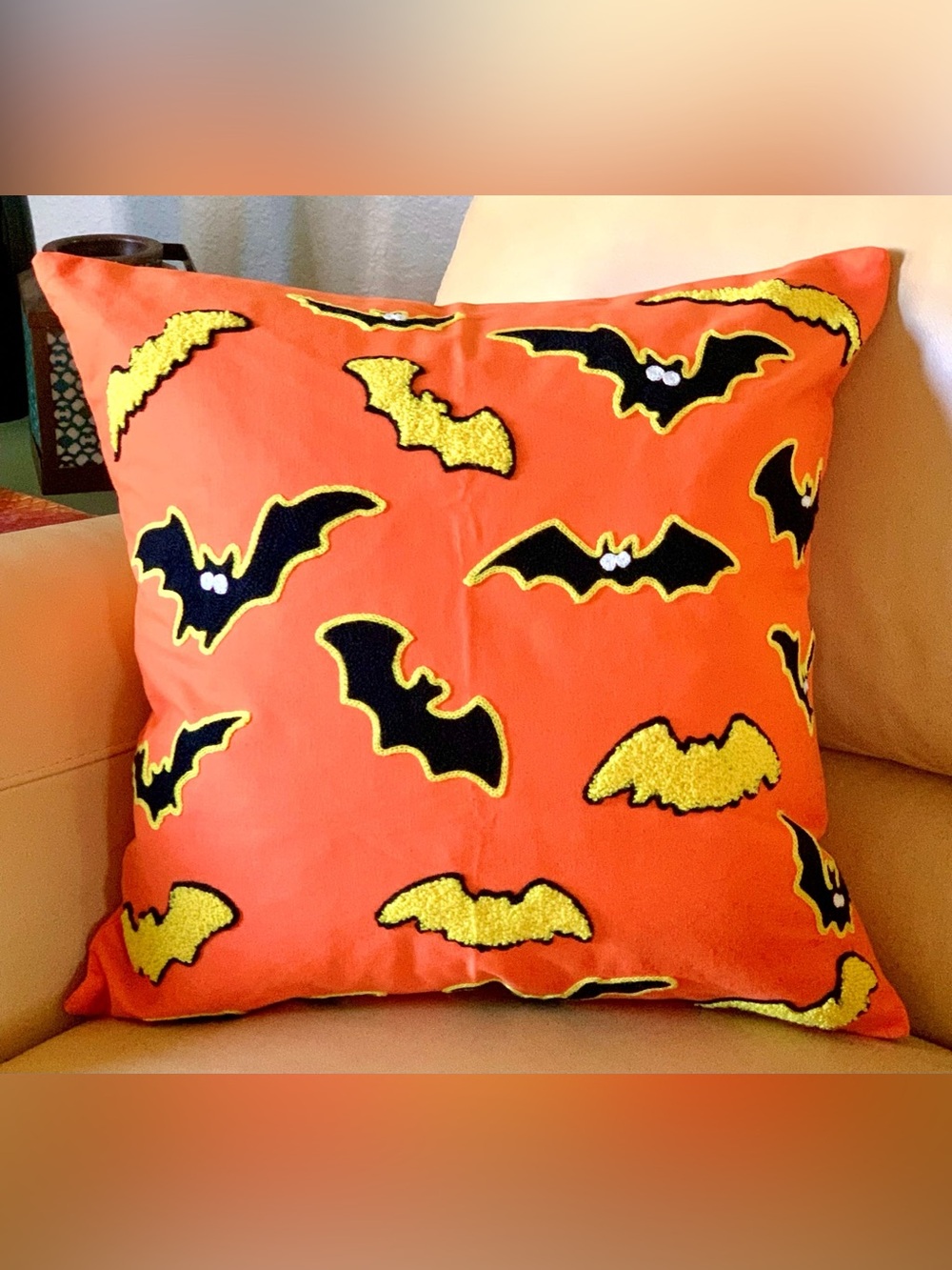 18x18 Cute 100% Cotton Orange Whimsical Embroidered Halloween Tufted Flying Bats